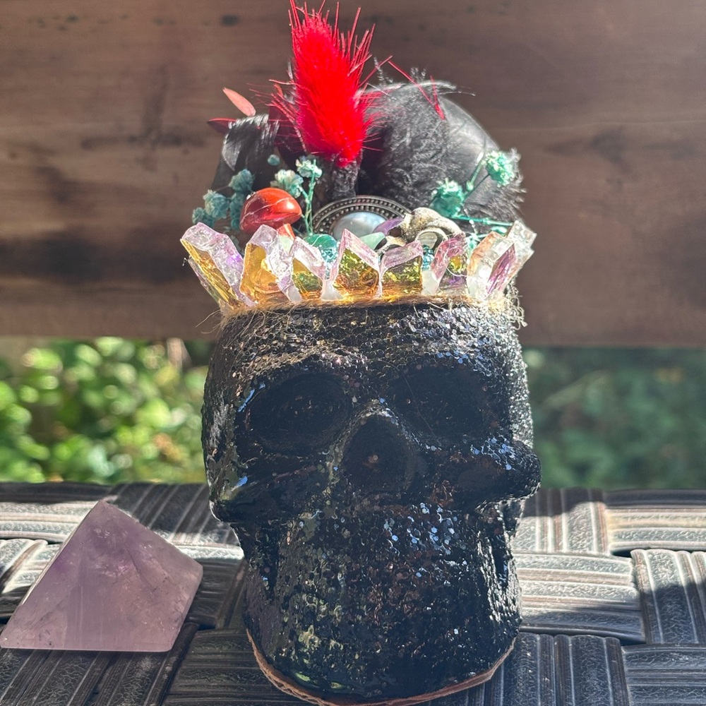 Black Skull with Crystal Crown Decor